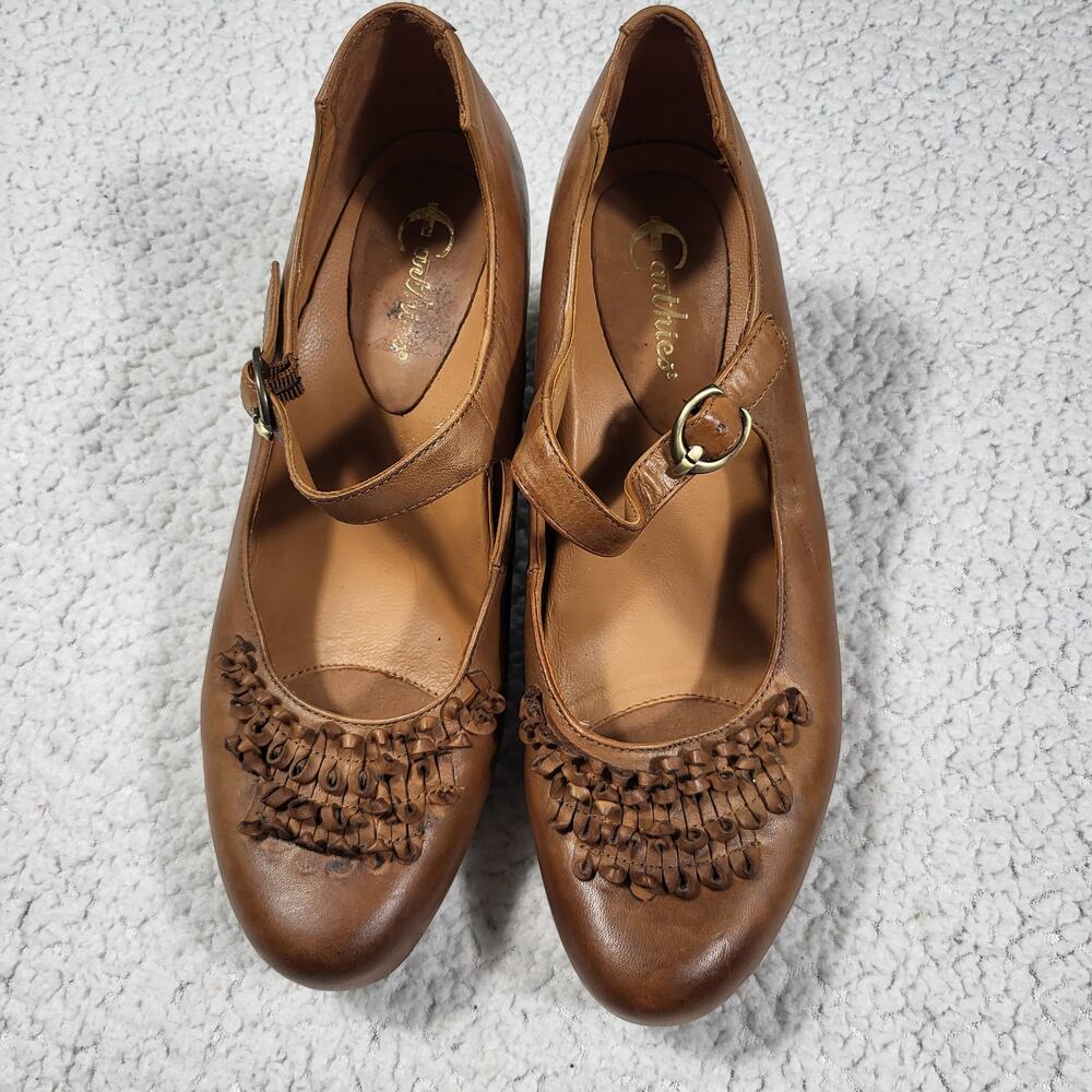 Carthies Mary Jane shoes tan leather with fringe detail N ankle straps SIZE 9.5